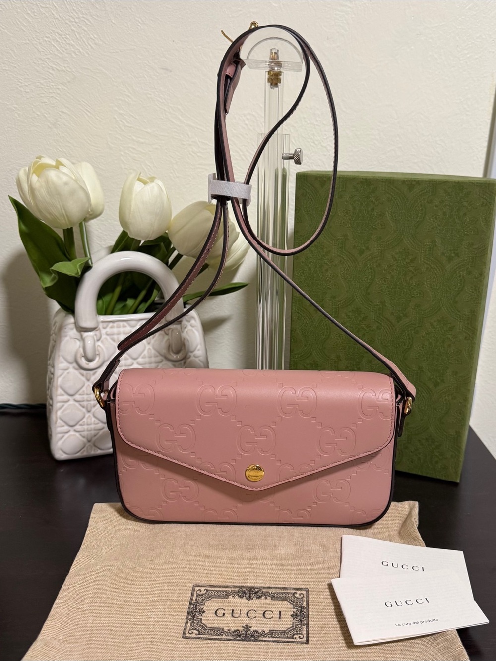 Gucci Pink GG-Embossed Leather Crossbody Envelope Bag W/COA